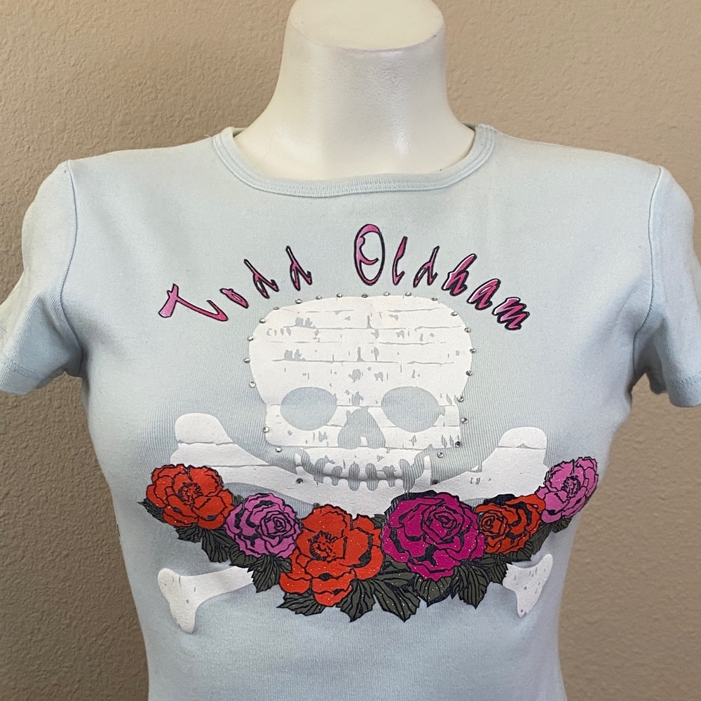 Vintage Todd OLDHAM skull roses rhinestone crop tshirt tee top M